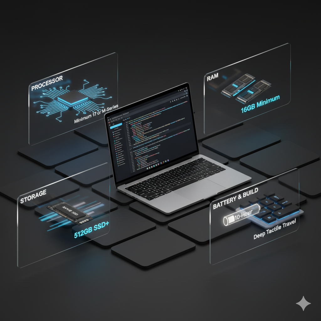 Infographic showing essential laptop specifications for coding students including processor, RAM, storage, display, battery and keyboard requirements