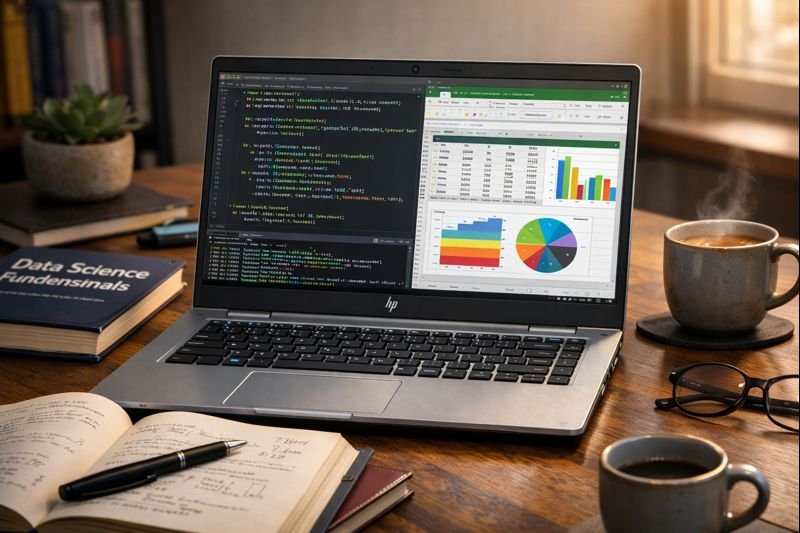 Refurbished HP EliteBook 840 G5 laptop displaying Python code and Excel data science project with textbook