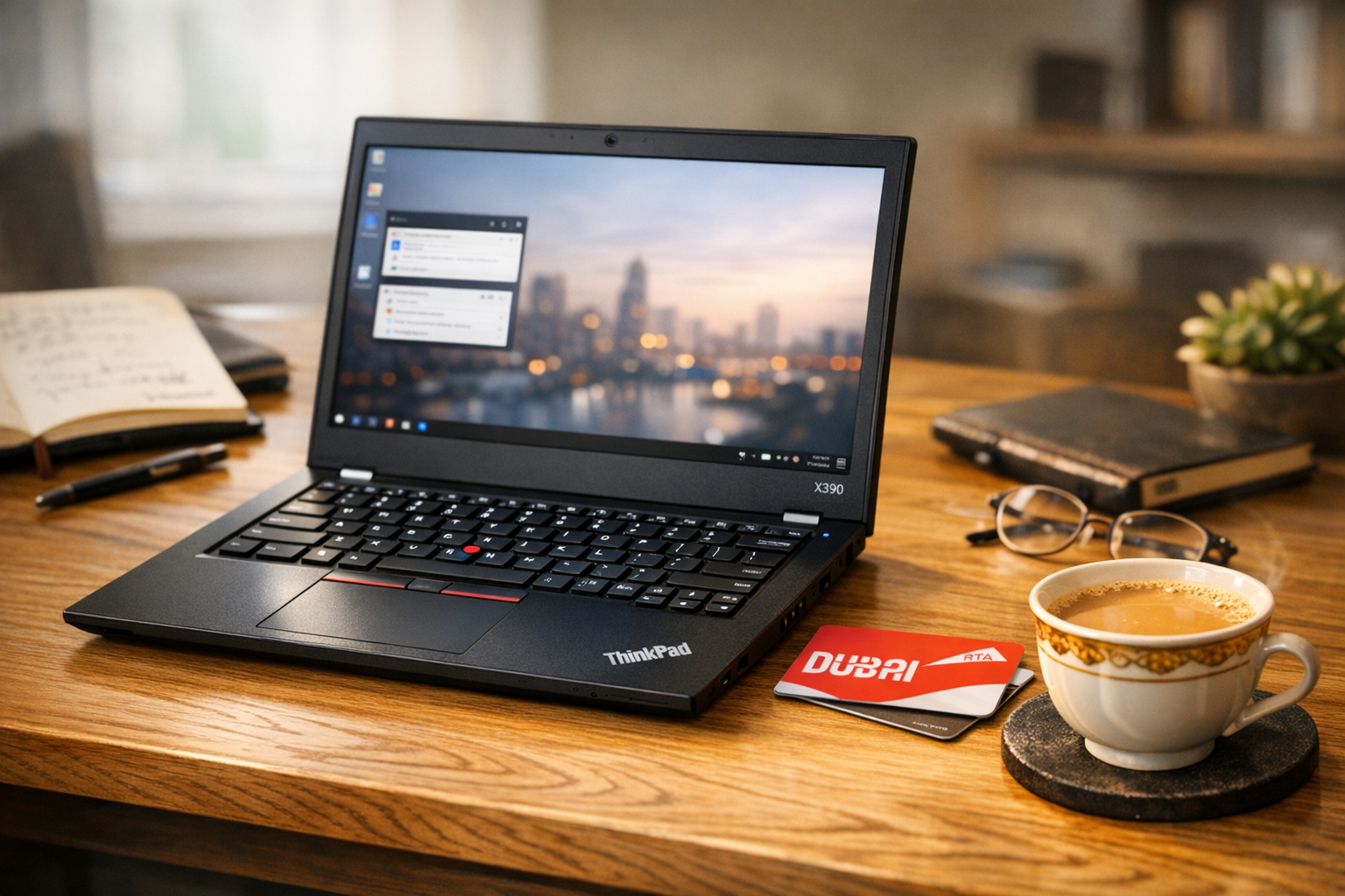 Refurbished Lenovo ThinkPad X390 laptop on university desk with Dubai Metro card and karak chai cup