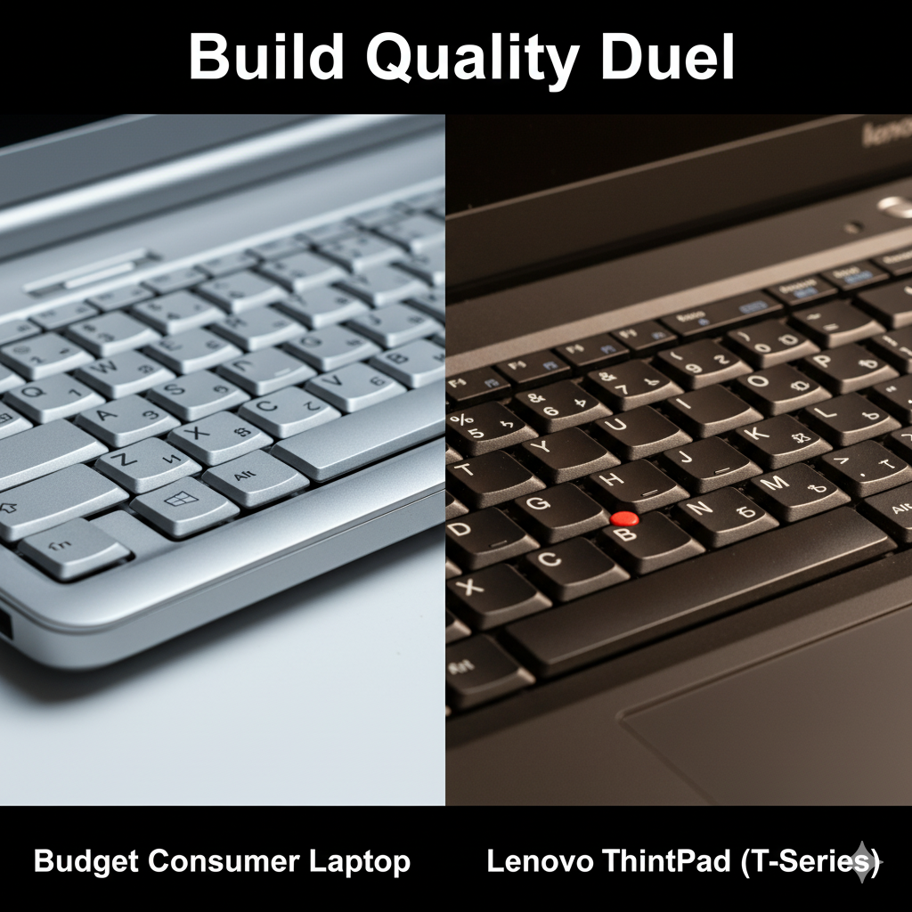 Side by side comparison showing plastic budget laptop versus durable refurbished ThinkPad with magnesium alloy chassis and tactile keyboard