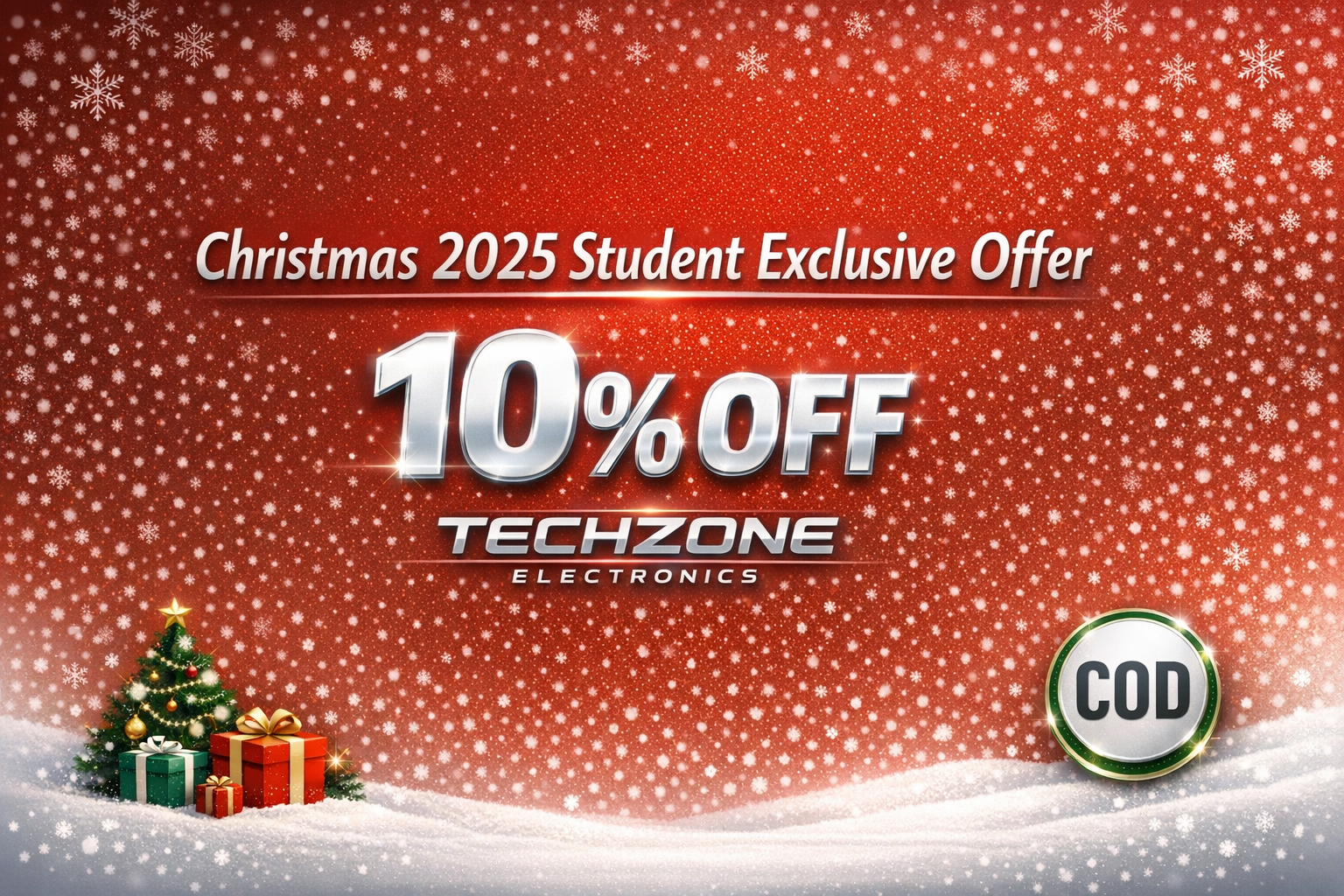 Techzone Electronics Christmas 2025 student exclusive offer banner showing 10% discount and free RAM upgrade with COD badge