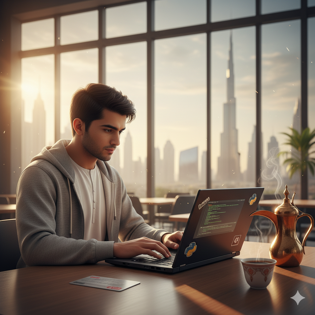 UAE computer science student coding on refurbished Lenovo ThinkPad at university library in Dubai with Metro card and Arabic coffee