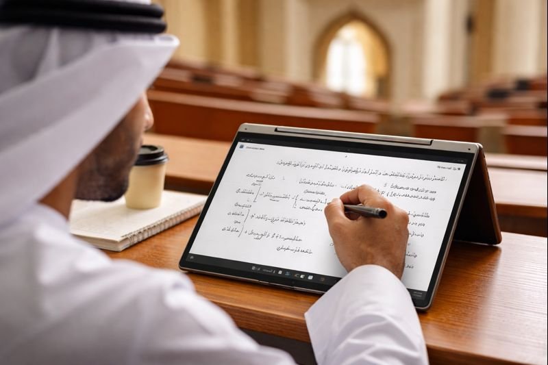 UAE student using Lenovo ThinkPad Yoga in tablet mode taking handwritten notes at University of Sharjah lecture hall