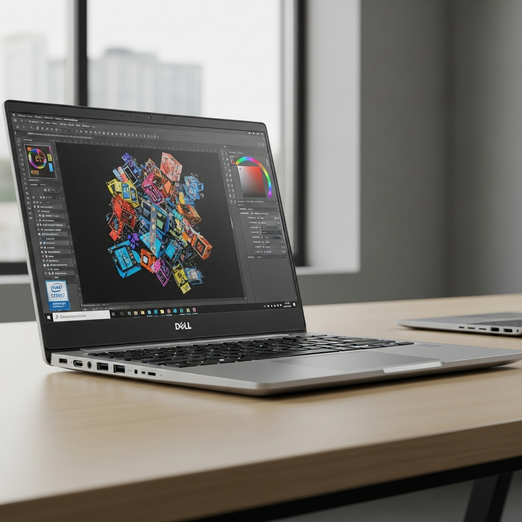 Refurbished Dell Latitude 5420 laptop with group project coding on screen surrounded by student notebooks